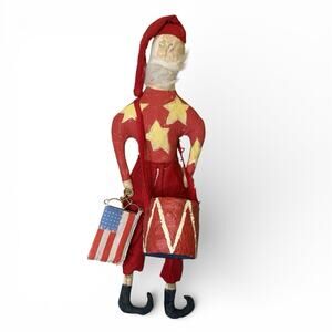 Primitive Folk Art Santa Rag Doll Christmas Hand Crafted Patriotic 22" Drum Flag